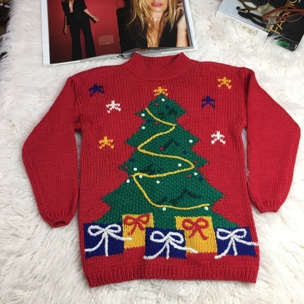 Vintage 90s Karen Scott Christmas Tree Sweater Petite S Ugly Holiday Knit